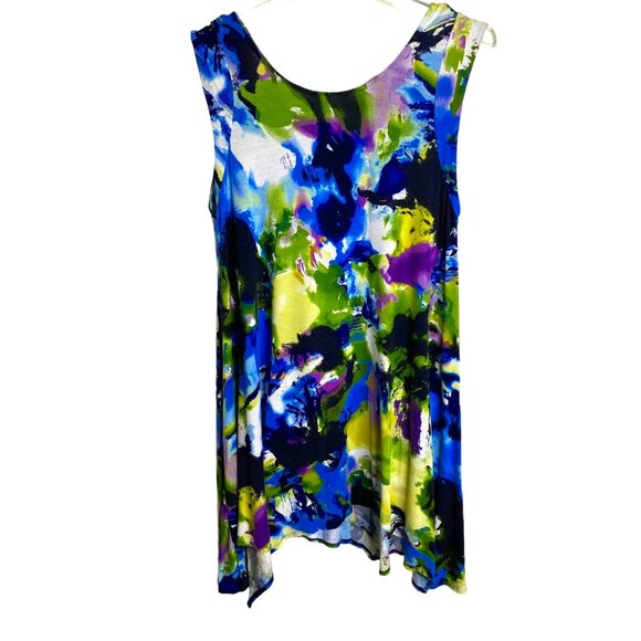 Women's Watercolor Sleeveless Asymmetrical Hem Minidress with Scoop Neck Size L - Picture 1 of 5